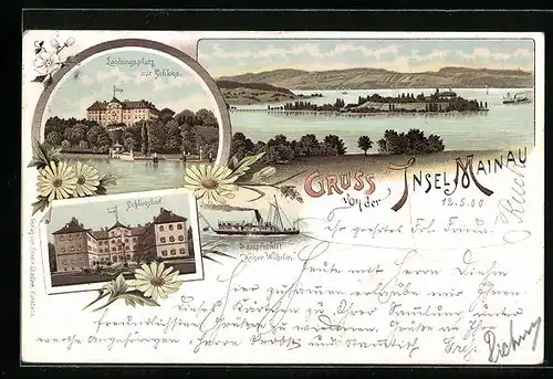 Lithographie Insel Mainau, Schlosshof, Landungsplatz mit Schloss, Dampfschiff Kaiser Wilhelm