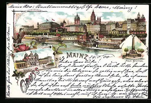 Lithographie Mainz, Central Bahnhof, Neuer Brunnen, Panorama
