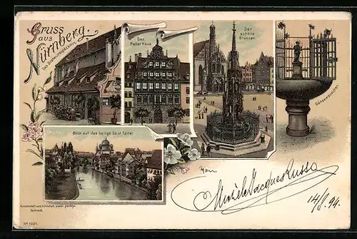 Lithographie Nürnberg, schöner Brunnen, Gänsemännchen, Peller Haus, Bratwurstglöcklein