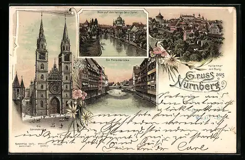 Lithographie Nürnberg, Fleischbrücke, Lorenzkirche, Heilig Geist Spital mit Synagoge, Hallertor mit Burg