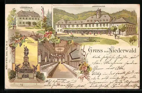 Lithographie Niederwald, Logierhaus, Jagdschloss, Speisesaal, National Denkmal