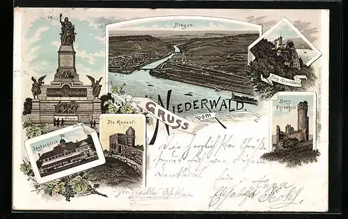 Vorläufer-Lithographie Bingen, 1895, Jagdschloss, Burg Ehrenfels, Niederwald Denkmal, Burg Rheinstein