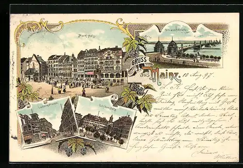 Lithographie Mainz, Marktplatz, Schillerplatz, Ludwigstrasse, Strassenbrücke