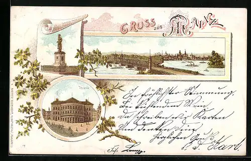 Lithographie Mainz, Theater, Guttenberg Denkmal, Brücke