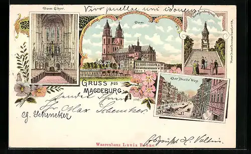 Lithographie Magdeburg, Breite Weg, Kriegerdenkmal, Dom und Dom Chor