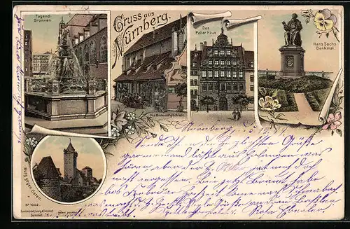 Lithographie Nürnberg, Peller Haus, Bratwurstglöcklein, Tugend Brunnen, Hans Sachs Denkmal