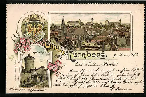 Lithographie Nürnberg, Spittlerthor, Blick auf die Stadt, Wappen