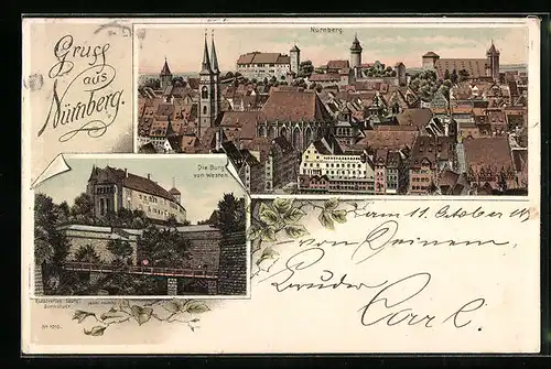 Lithographie Nürnberg, Blick auf die Burg und die Stadt