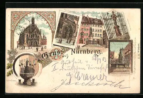 Lithographie Nürnberg, Albrecht Dürer Haus, Frauenkirche Portal, Kirche, Tugendbrunnen