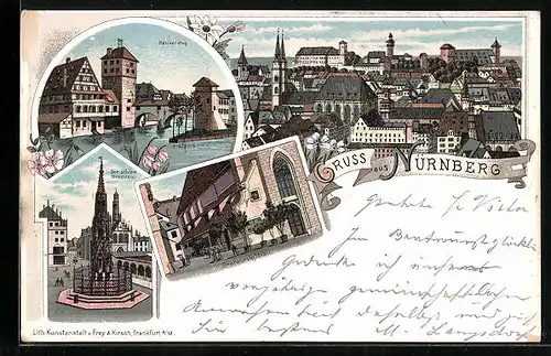 Lithographie Nürnberg, schöner Brunnen, Bratwurstglöcklein, Henkersteg