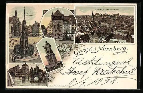 Lithographie Nürnberg, Nassauer Haus, Henkersteg, Hans Sachs Denkmal, Schöner Brunnen