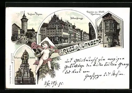 Vorläufer-Lithographie Nürnberg, 1895, Alderstrasse, Vestner Thrum, Chörlein am Sebald. Pfarrhaus, Behaim Denkmal