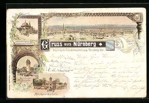 Lithographie Nürnberg, Landesausstellung 1896, Nürnberger Bierhalle, Münchener Bierhalle, Kulmbacher Bierhalle