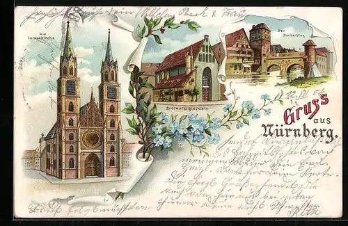 Lithographie Nürnberg, Bratwurstglöcklein, Henkersteg, Lorenzkirche