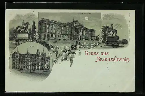 Lithographie Braunschweig, Post, Residenzschloss