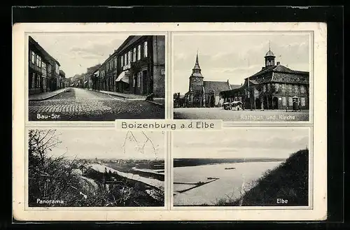 AK Boizenburg a. d. Elbe, Bau-Strasse, Rathaus und Kirche