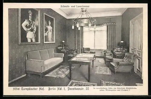 AK Berlin, Hotel Europäischer Hof, Dorotheenstrasse 22, Schreib- und Lesezimmer