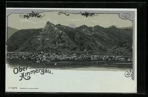 Lithographie Oberammergau, Ortsansicht aus der Vogelschau