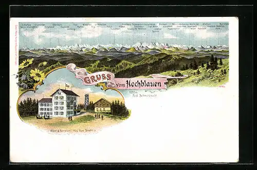 Künstler-AK Hochblauen /Schwarzw., Gebirgspanorama, Hotel & Pension Xav. Stehlin