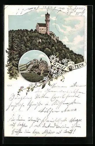 Lithographie Teck, Gebäude mit Turm, Aussichtspunkt mit Treppe