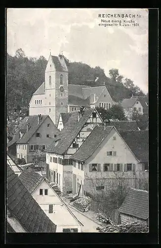 AK Reichenbach a. F., Teilansicht mit neuer evangelischer Kirche von 1907