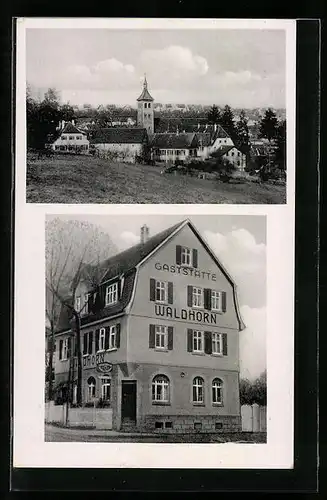 AK Denkendorf bei Esslingen, Gaststätte Waldhorn Wilh. Pfisterer, Ortspanorama