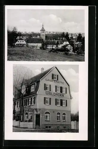 AK Denkendorf bei Esslingen, Ortspanorama, Gaststätte Waldhorn Wilh. Pfisterer