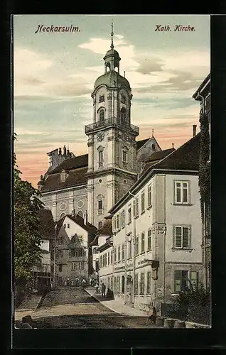 AK Neckarsulm, Strassenpartie mit kath. Kirche