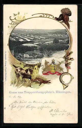 Passepartout-Lithographie Münsingen, Blick auf den Truppenübungsplatz, Hotel Fezer, Jagdhund