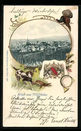 Passepartout-Lithographie Müllheim, Blick auf die Stadt, Wappen, Jagdhund mit Beute