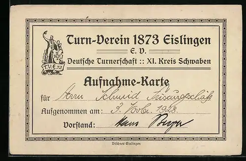 AK Eislingen, Aufnahme Karte des Turn-Verein 1873 Eislingen E.V. (T.V.E. 73), Inha.: Herr Schmid 1928