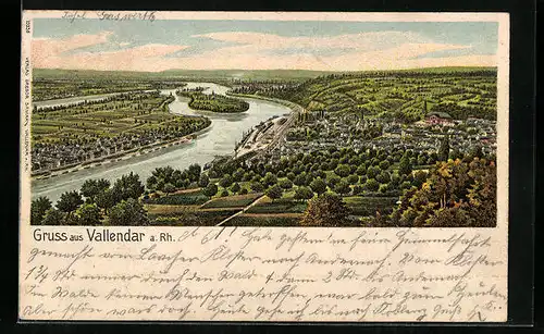 Lithographie Vallendar a. Rh., Blick auf die Stadt mit Flusspartie
