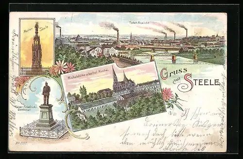 Lithographie Steele, Kaiser Friedrich Denkmal, Marien Säule, Michelshöhe mit Kath. Kirche