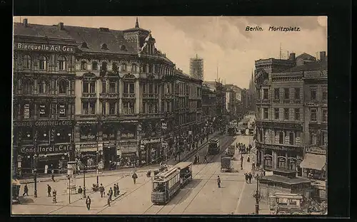 AK Berlin-Kreuzberg, Blick auf den Moritzplatz mit Strassenbahn, Geschäfte