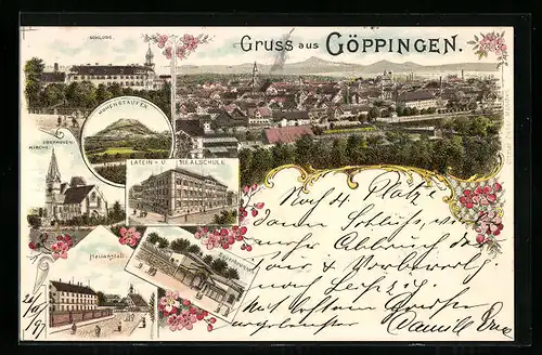 Lithographie Göppingen, Latain- und Realschule, Heilanstalt, Sauerbrunnen, Schloss, Oberhovenkirche