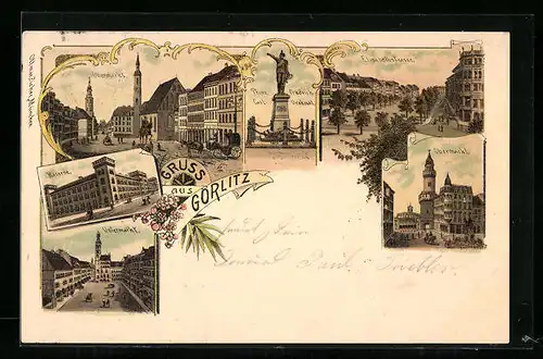 Lithographie Görlitz, Kaserne, Elisabethstrasse, Untermarkt, Obermarkt, Prinz Friedrich Carl Denkmal