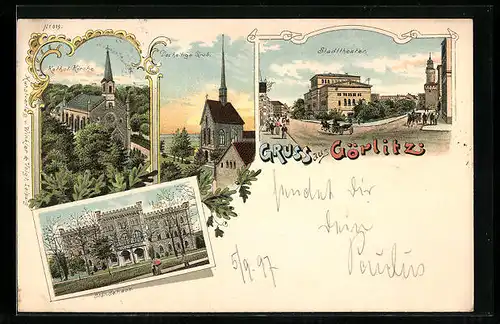 Lithographie Görlitz, Stadttheater, Ständehaus, das heilige Grab, Kath. Kirche