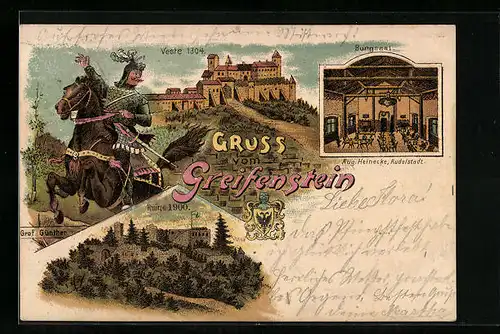 Lithographie Blankenburg, Veste Greifenstein, Burgsaal, Ruine, Wappen, Graf Günther