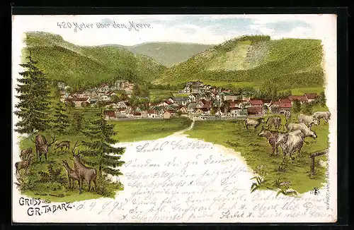 Lithographie Gross Tabarz, Blick nach dem Ort, Kühe und Hirsche