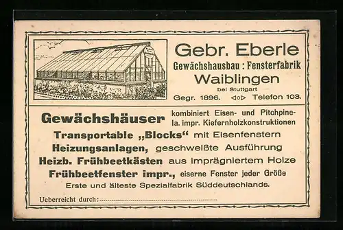 AK Waiblingen, Werbekarte der Firma Gebr. Eberle, Gewächshausbau / Fensterfabrik