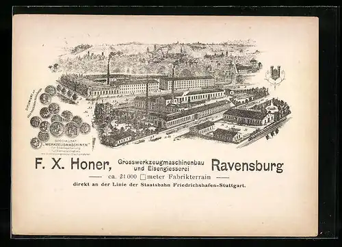 AK Ravensburg / Württ., F. X. Honer, Präcisions-Werkzeugmaschinenfabrik aus der Vogelschau