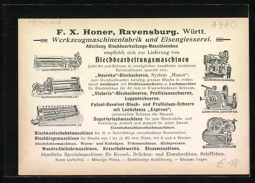 AK Ravensburg, Fabrikanlagen F.X. Honer Grosswerkzeugmaschinenbau und Eisengiesserei, Blechbearbeitungsmaschinen