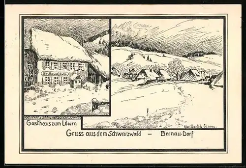 Künstler-AK Bernau /Schwarzwald, Gasthaus zum Löwen, Dorf im Winter