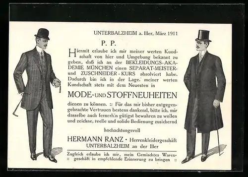 AK Unterbalzheim /Iller, Herrenkleidergeschäft Hermann Ranz, Reklame