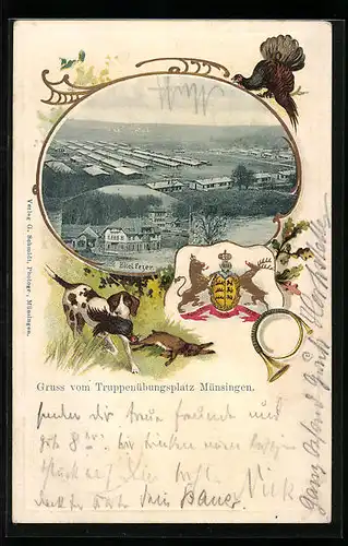 Passepartout-Lithographie Münsingen, Truppenübungsplatz aus der Vogelschau, Hotel Fezer, Wappen
