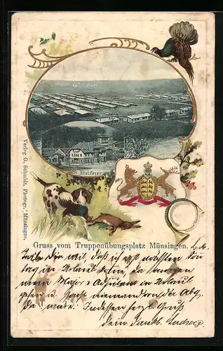 Passepartout-Lithographie Münsingen, Truppenübungsplatz aus der Vogelschau, Hotel Fezer