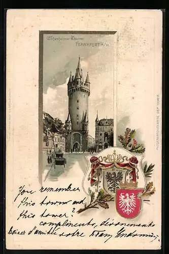 Passepartout-Lithographie Frankfurt a. M., Eschenheimer Thurm, Stadt-Wappen
