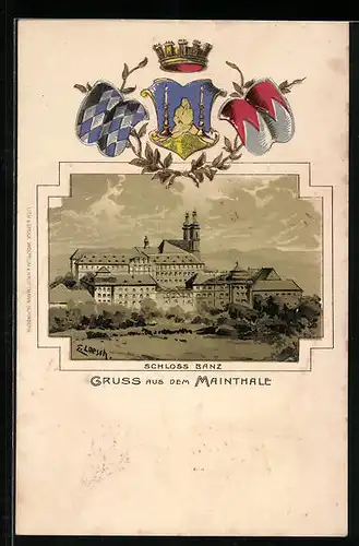 Passepartout-Lithographie Banz, Blick auf das Schloss, Wappen
