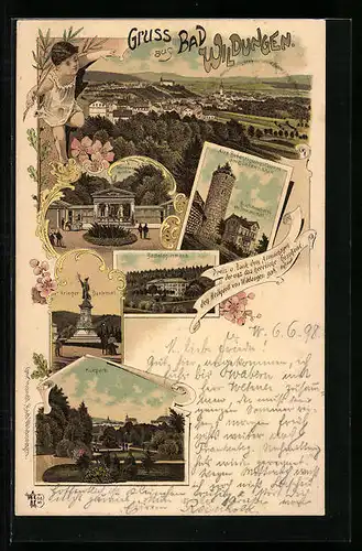 Lithographie Bad Wildungen, Kurpark, Badelogierhaus, Kriegerdenkmal, alter Befestigungsturm