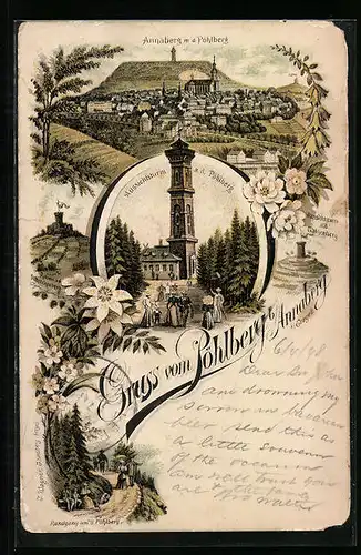 Lithographie Annaberg, Aussichtsturm auf dem Pöhlberg, Galgenberg, Schreckenberg